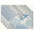 Set of 4 nautical placemats with coral, starfish, and seashell patterns in blue and beige - Greyish Ocean