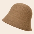 Women's minimalist knitted bucket hat in solid dark camel brown with ribbed texture - Caramel color