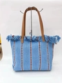 Blue woven beach tote bag with vertical stripes, brown straps and decorative tassels - Blue, Red & White Stripes