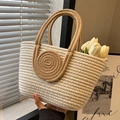 Contrast woven cotton tote bag in beige and brown with spiral pattern for casual style - Beige and Khaki