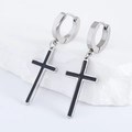 Macro view of silver stainless steel hoop earrings with black enamel cross pendant - Steel Color (Black)