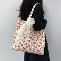 Floral canvas tote bag with orange fruit print and decorative white lace ribbon - Beige Orange Fruit (With Lace Ribbon)