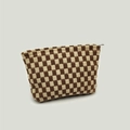 Knitted checkered makeup bag with brown and beige patterns and metal zipper closure - Brown Plaid