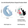 Moon and cat silicone mold for resin pendants with butterfly and rose details - Butterfly Catching Cat Moon Mold