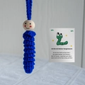 Handmade blue crochet worry worm gift set with wooden bead head and poem card - Royal Blue Lucky Worm
