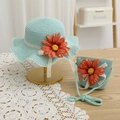 Dettaglio di cappello di paglia blu e borsa coordinata con girasole e pizzo bianco - 52cm 3-6 Anni / Set Cappello di Paglia e Borsa / Blu lago