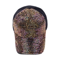 Close-up of black baseball cap featuring colorful rhinestones and premium studded detail - Rainbow Gold