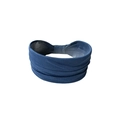 Detail of denim blue wide elastic yoga headband with ribbed texture and twist knot design - Navy Blue