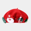 Close-up of red wool beret with Santa Claus embroidery and green Merry bow decoration - Red (Christmas Style 2)