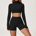 Ensemble de yoga noir brossé avec haut court à manches longues et short à taille haute - S / Haut Et Bas / Manches Longues + Shorts / Noir Premium