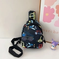 Close-up of kids chest bag with colorful cartoon vehicle print and adjustable strap - Black