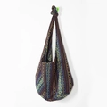 Detail of bohemian knit hobo bag with colorful geometric patterns and knotted strap - Royal Blue Striped