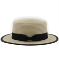Dettaglio del bordo nero e del fiocco su un cappello di paglia beige a tesa piatta - Beige / M (56-58cm)