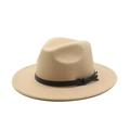 Cappello fedora classico in feltro di lana cammello a tesa larga con fascia nera decorativa - M (56-58cm) / Cammello