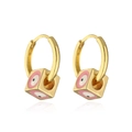 Boucles d'oreilles créoles plaquées or 18 carats avec pendentifs cubes oeil en émail coloré - Rose