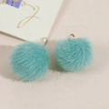 Mint green plush mink fur ball charm with golden metal ring for DIY jewelry making - Lake Blue