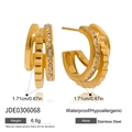 Goldene C-förmige Edelstahl-Ohrringe mit funkelnden Zirkonia-Kristallen und Dreifachring-Design - Dreifachring Mikropave Strass C-Form Creolen (JDE0306068) / Gold
