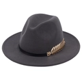 Detail of golden metal leaf buckle on charcoal gray wool fedora hat with black ribbon - Dark Gray