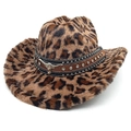 Leopard print western cowboy hat with plush texture and silver bull head decoration - Straight Top / Light Coffee