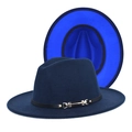 Detail of navy blue wool fedora with royal blue lining and black leather band decoration - Navy + Royal Blue