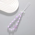 Detail of beaded phone strap featuring purple clear beads with bow and flower charms - Purple Bow Flower Beaded (K2076)