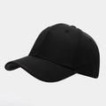 Detailed view of a black six-panel baseball cap with curved brim and breathable eyelets - Black