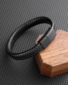 Men's punk multi-layer braided black leather bracelet with matte black magnetic clasp - Black Leather Black Buckle