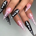 Unghie finte stiletto lunghe con design a ossa nero e rosa per stile Halloween - Stile Ossa di Scheletro (CJCY-364) / Tipo di Colla