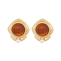 Vintage golden earrings with amber round stone and small white pearl accents - Coffee