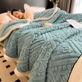 Thick teal fleece blanket with large diamond pattern and white sherpa lining - Sky Blue