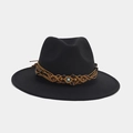 Detalle de sombrero fedora de lana negra con cinta trenzada boho y cuentas de madera - M (56-58cm) / Estilo de Cuentas de Madera Tejidas Marrones