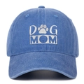 Close-up of washed blue cotton baseball cap with white DOG MOM embroidery and paw print - Light Blue