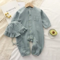 Sage green cotton muslin baby romper and matching sun hat set with front buttons - Pale Cyan / 66CM