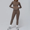 Women's marl dark coffee yoga set with zipper jacket and high waist leggings - S / Top And Bottom / Rock Brown
