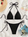 Classic black two-piece bikini set with halter top and side-tie waffle texture bottoms - Black