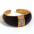 Gold plated stainless steel open dome ring with black enamel and small diamond accents - Gold Black