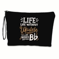 Detail of black canvas makeup bag with musical quote and note print and zipper - Ukulele Life Style (xy-002-06)