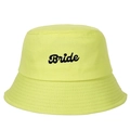 Close-up of black Bride embroidery on a neon yellow canvas bucket hat with stitching detail - Neon Yellow