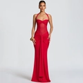 Detail of red ruched dress featuring backless design and sheer mesh waist patchwork - S / Red
