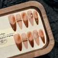 Brown amber gradient press-on nails with 3D gold accents and almond shape design - 3D Amber Smudge Style (2511-Long Water Drop) / Extra Small (XS)