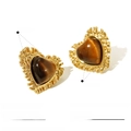 Detailed view of heart shaped tiger eye earrings in stainless steel with dimensions - Radiant Pattern Heart Tiger Eye Style (NB-E1688)