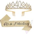 40th birthday set with gold rhinestone tiara and 40 & Fabulous glitter sash with pearl pin - 40 Years Old Gold (Tiara And Gold Sash And Pin)