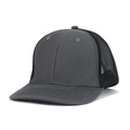Close-up of the breathable polyester mesh and stitching on a dark grey trucker hat - Adjustable / Dark Grey + Black Mesh