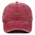 Vintage burgundy washed cotton baseball cap with watermelon slice embroidery on white background - One Size / Burgundy