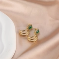 Three-layer gold hoop earrings featuring a square emerald green gemstone accent - Gold (E00288-9)