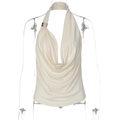 Detail of cowl neck top featuring off-white satin fabric and gold metal buckle - S / Apricot