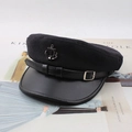 Fashionable black wool newsboy cap with leather brim and silver metal anchor badge detail - One Size 58cm / Black Bound Leather Edge Style