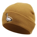 Detail of silly goose embroidery on a mustard yellow cuffed knit beanie hat - Elastic One Size (55-61cm) / Khaki