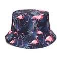 Close-up of pink flamingo and palm leaf tropical pattern on navy blue bucket hat - 31# Pink Flamingo