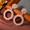 Fashionable rose gold textured geometric drop earrings on brown silk background - Double Circle Style (WEH3964) / Rose Gold (WEH3964)